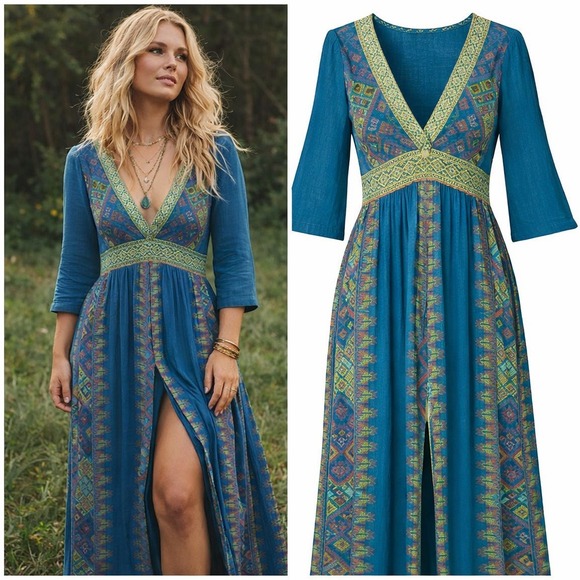 Earthbound Trading Co Dresses & Skirts - Earthbound Trading Co Womens Geometric Print Maxi Dress Teal Green Size S